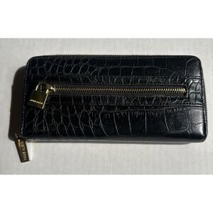 Anne Klein black faux leather zippered wallet with pink and white floral pattern